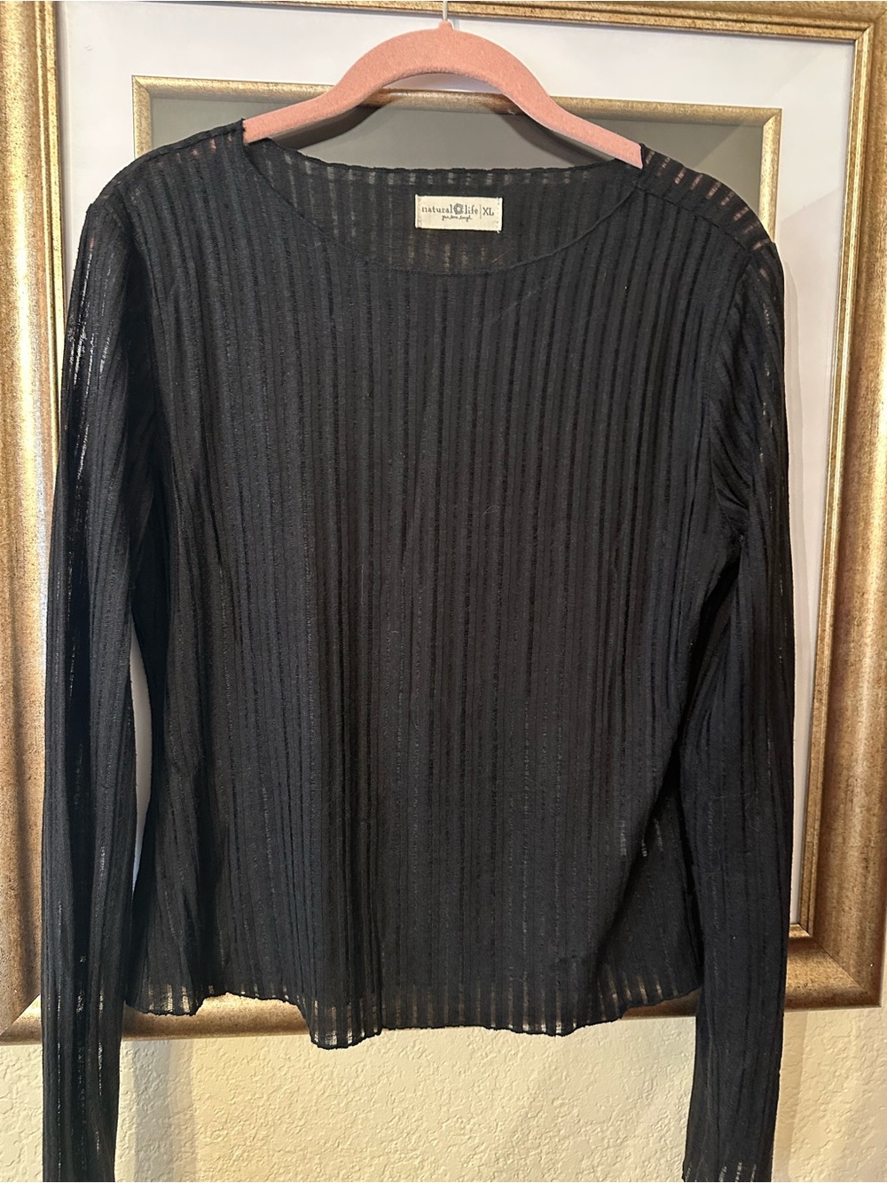 NATURAL LIFE Black Long-Sleeve Ribbed Sheer Top. XL